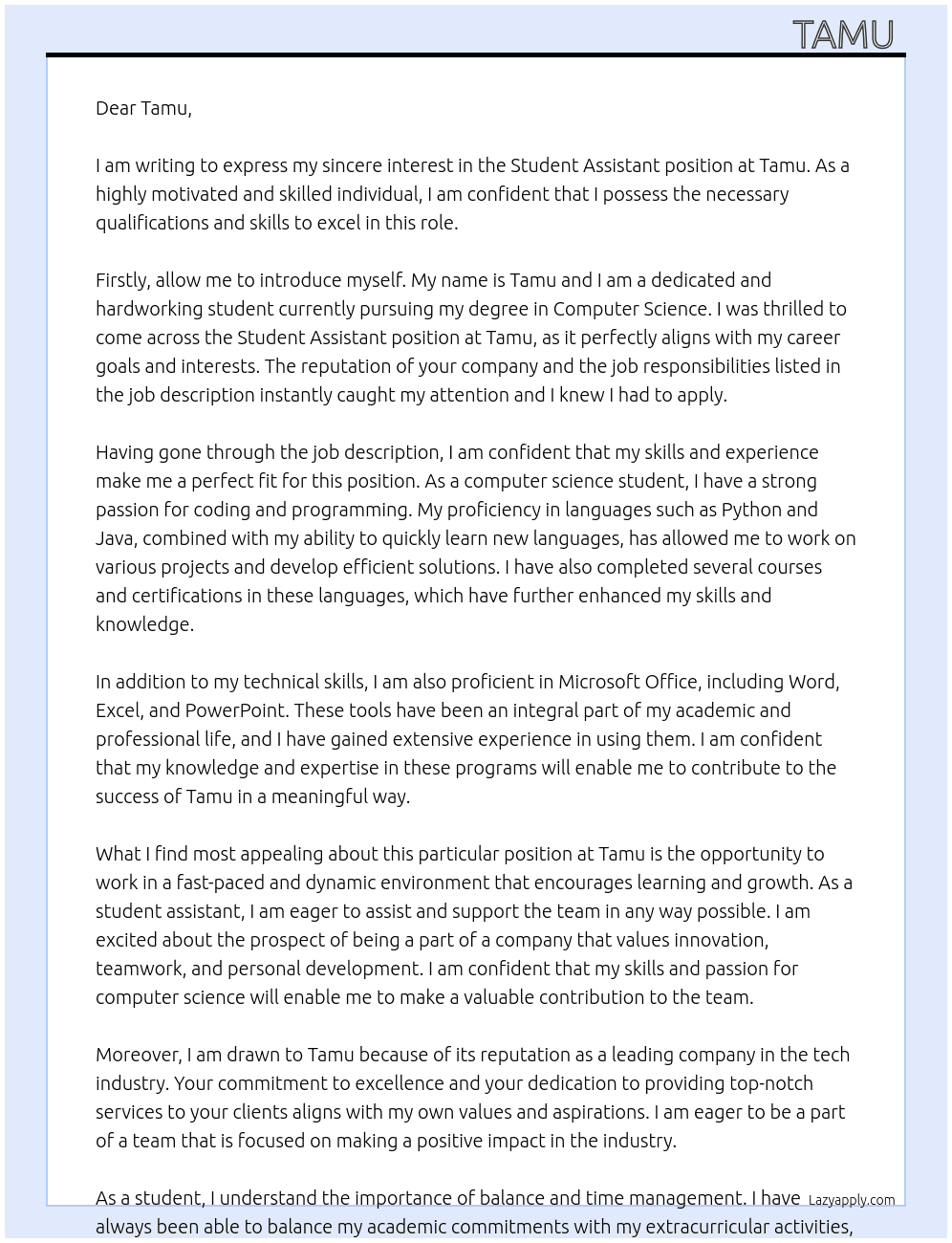  Student Assistant At tamu Cover Letter