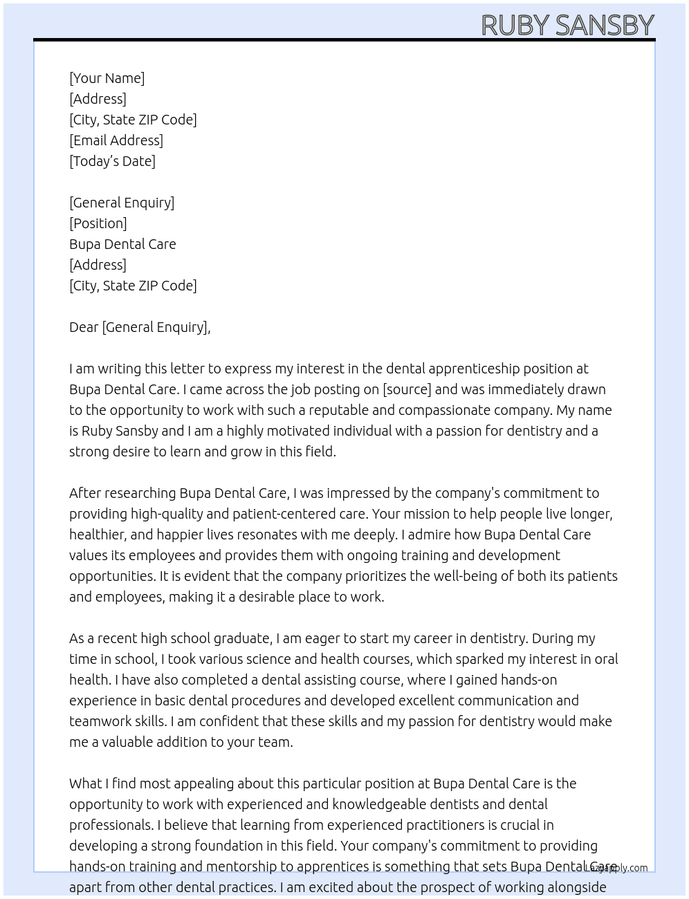 dental apprenticeship  At Bupa dental care  Cover Letter