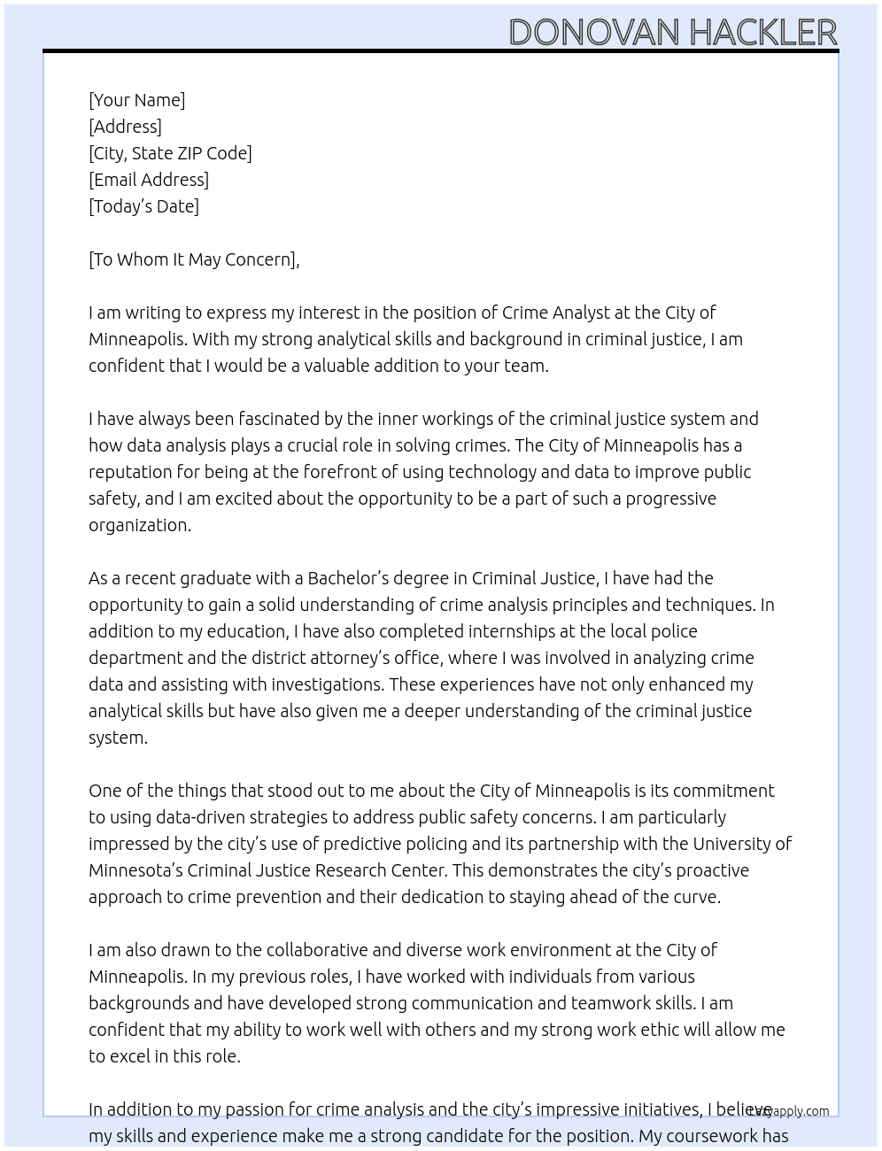 Crime Analyst At City of Minneapolis Cover Letter