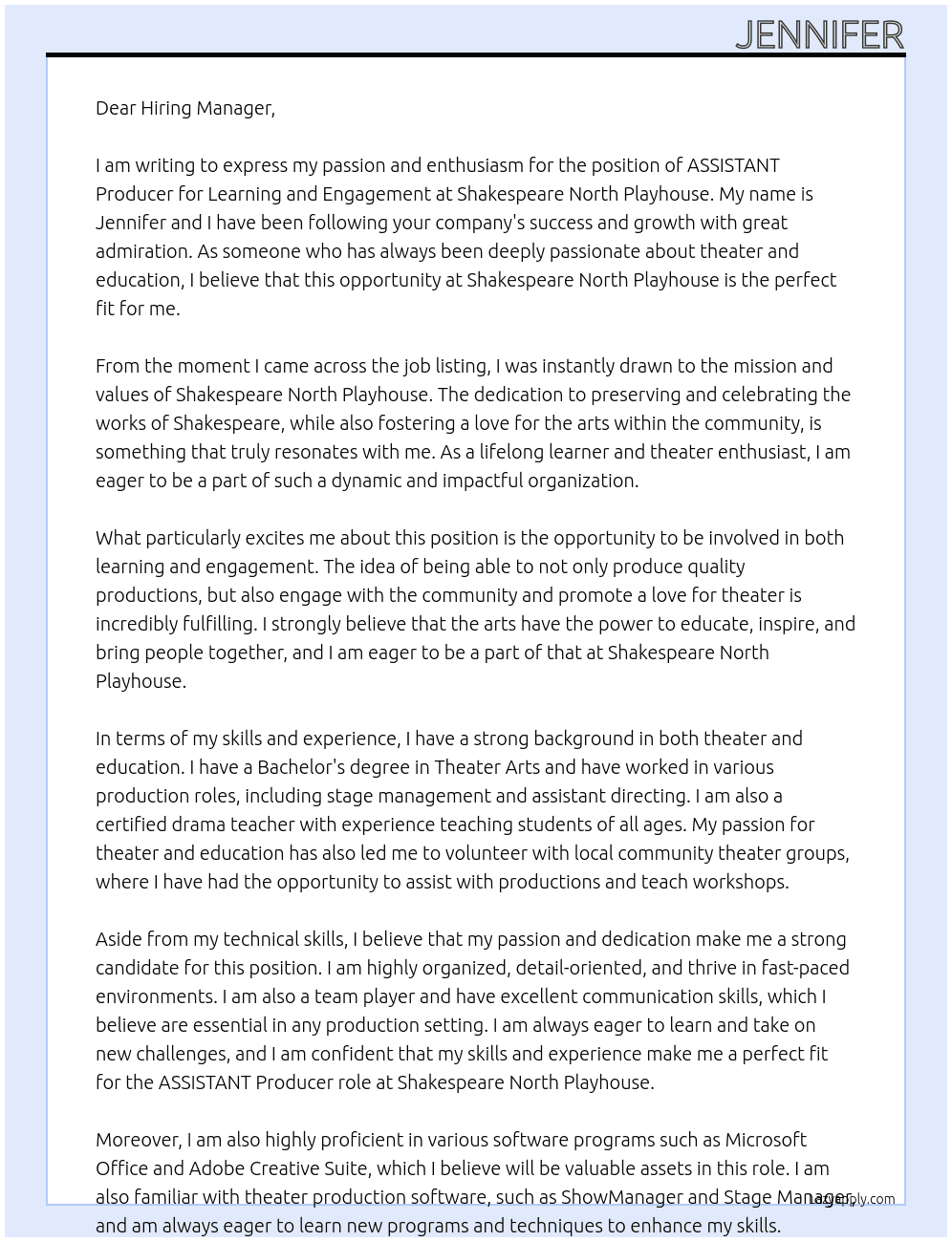 ASSISTANT PProducer for Learning and Engagement At Shakespeare North Playhouse Cover Letter