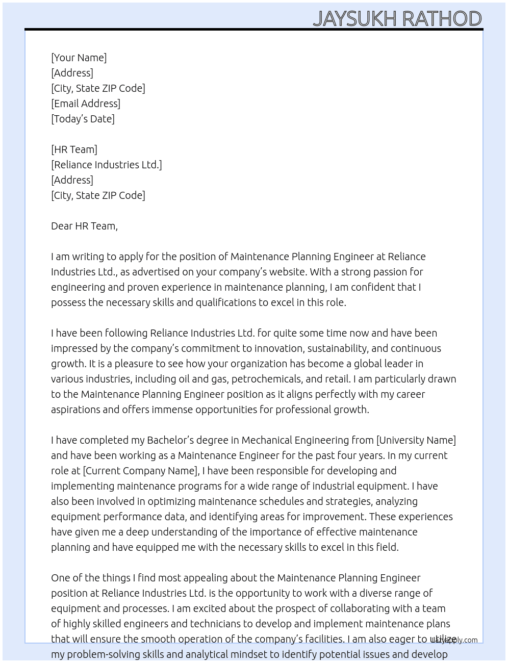Maintenance Planning Engineer At Reliance Industries Ltd. Cover Letter