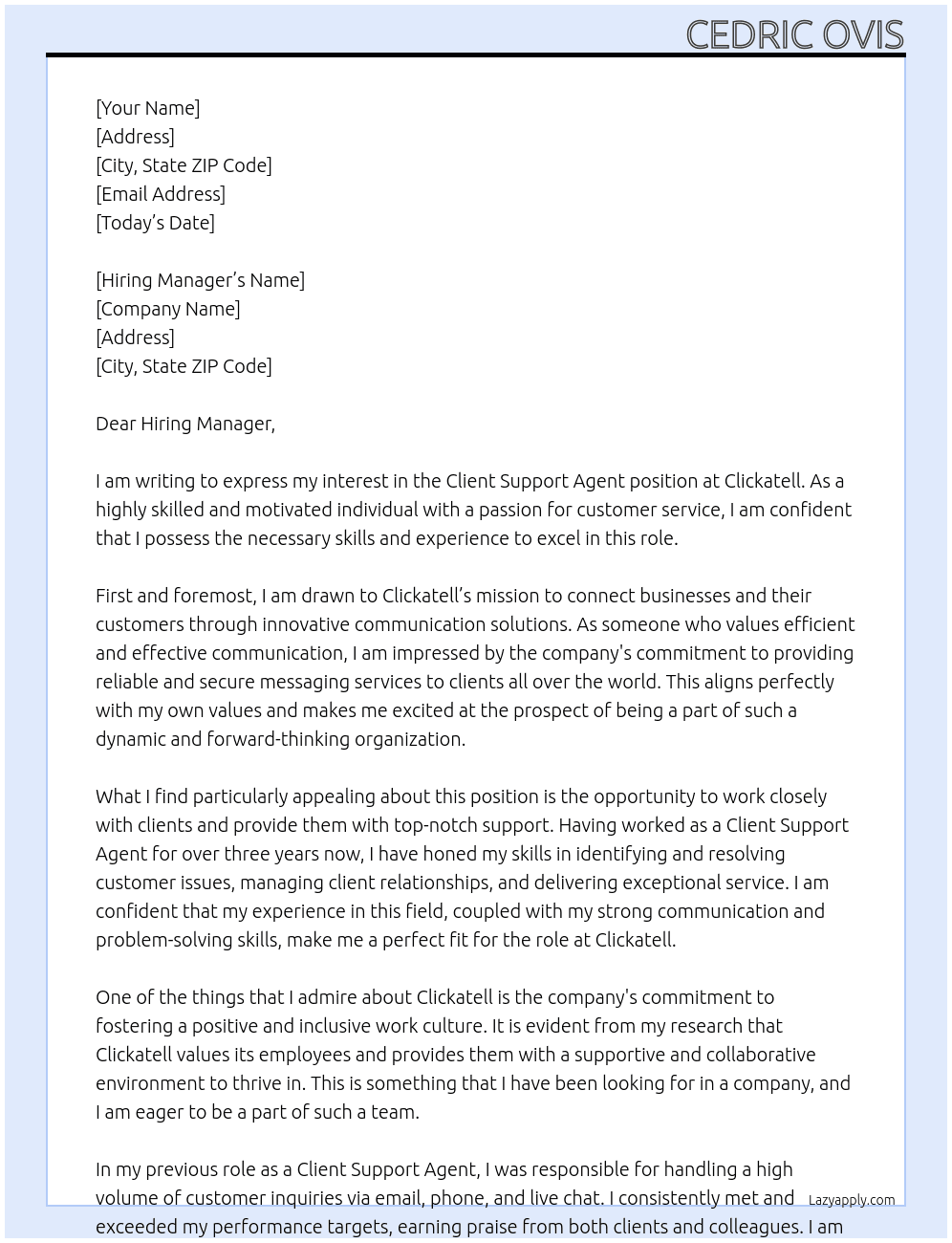 Client Support Agent At Clickatell Cover Letter