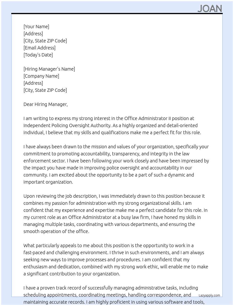 Office Administrator II At Independent Policing Oversight Authority Cover Letter