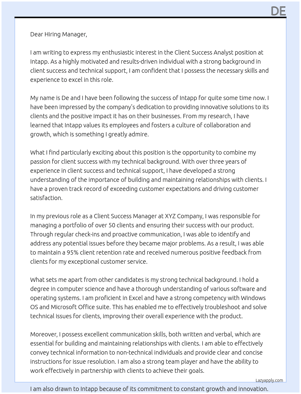 Client Success Analyst At Intapp Cover Letter