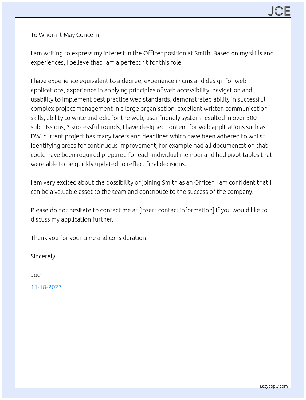 Officer At Smith  Cover Letter