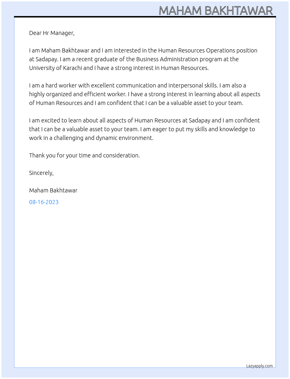 Human Resources Operations At Sadapay  Cover Letter