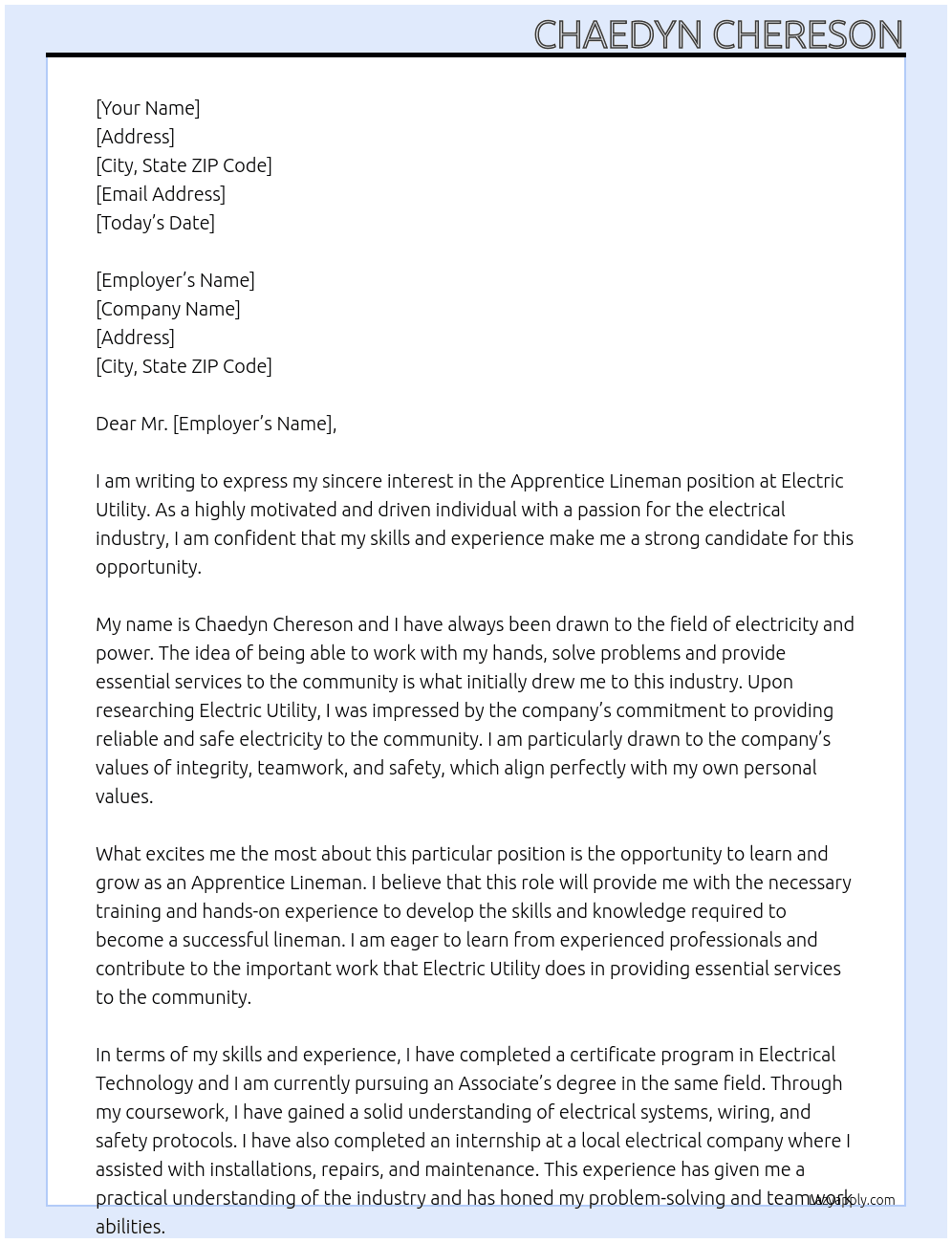 Apprentice Lineman At Electric Utility Cover Letter