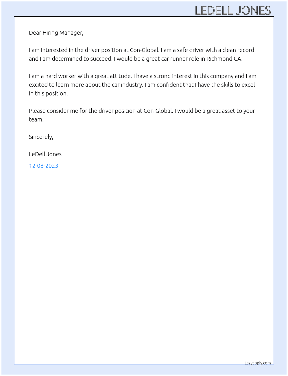 Driver At Con-Global Cover Letter