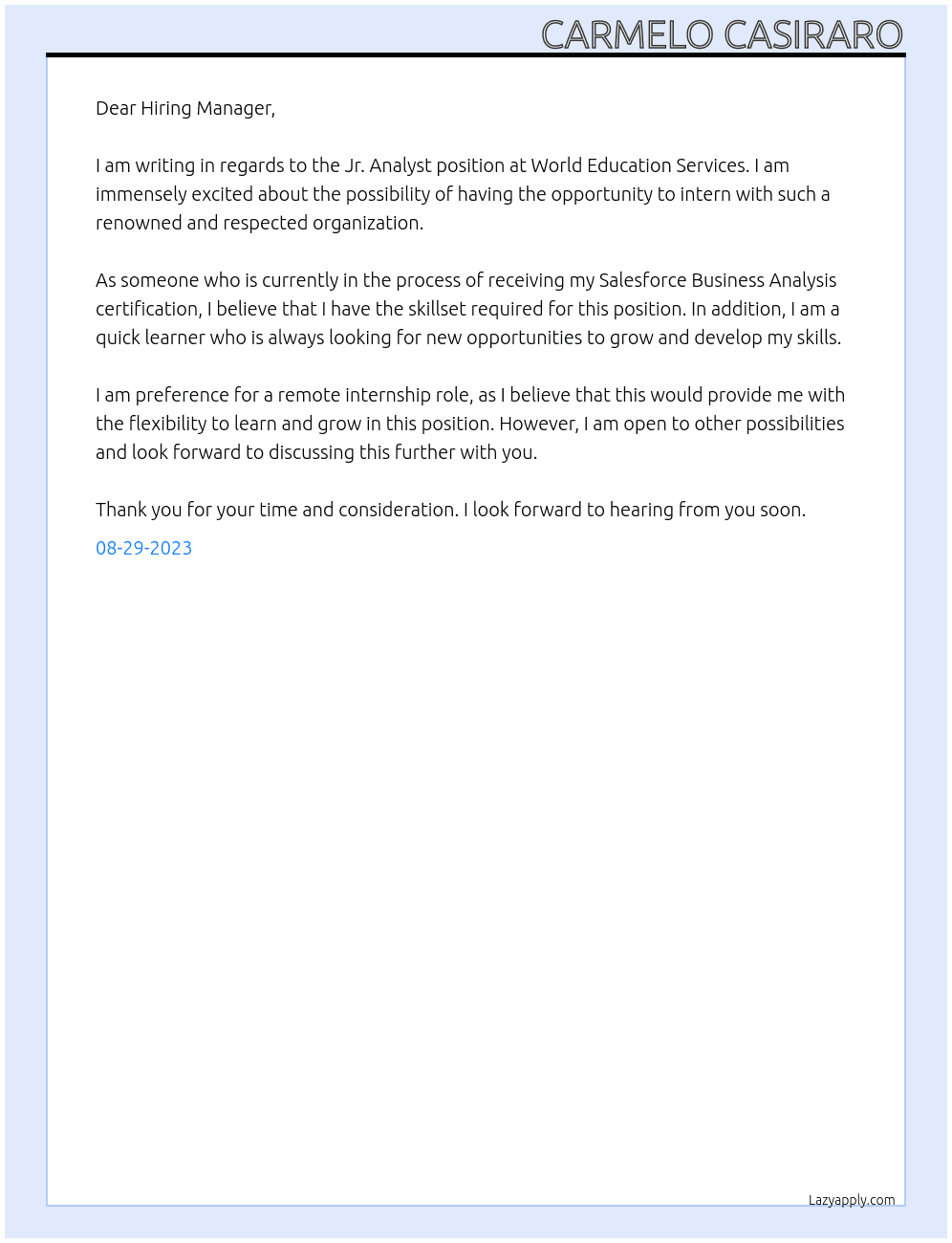 Jr. Analyst At World Education Services  Cover Letter