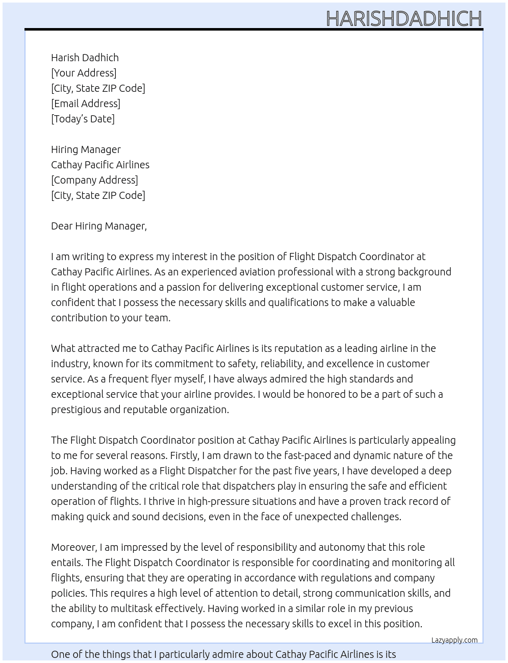 Flight Dispatch Coordinator At Cathay Pacific Airlines Cover Letter