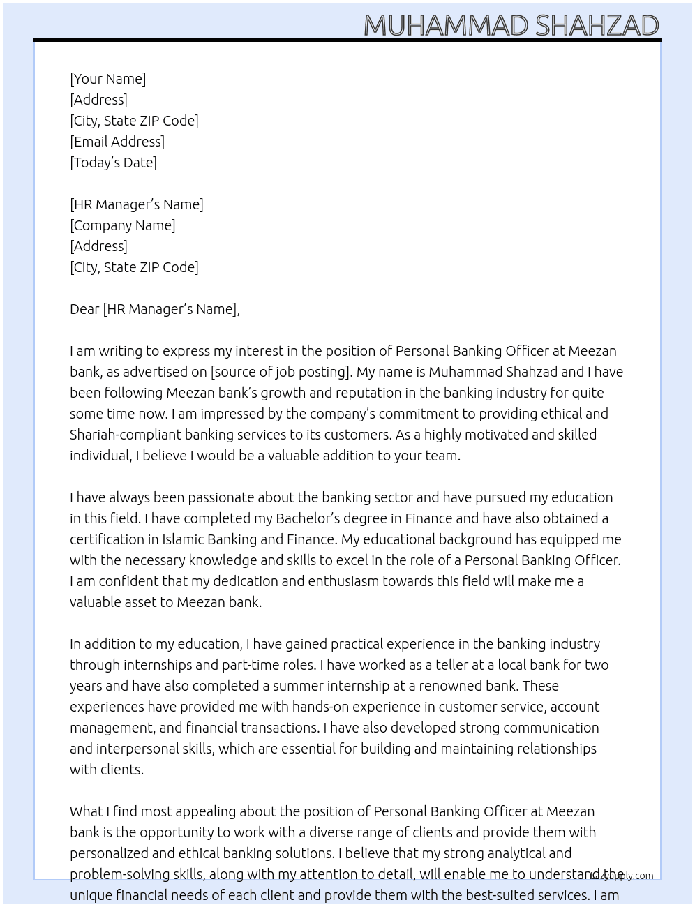 Personal banking officer At Meezan bank Cover Letter
