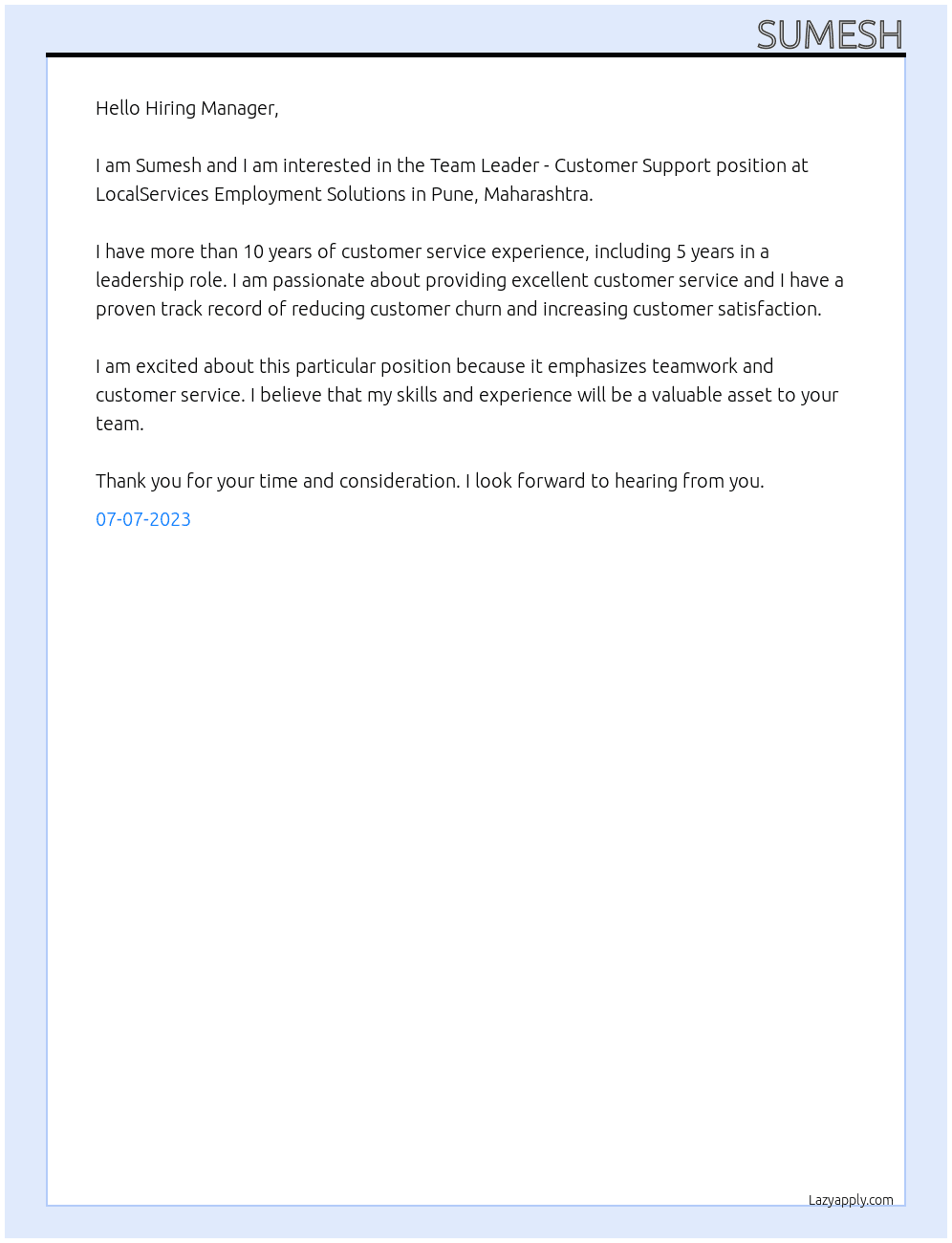 Team Leader - Customer Support At LocalServices Employment Solutions - Pune, Maharashtra Cover Letter