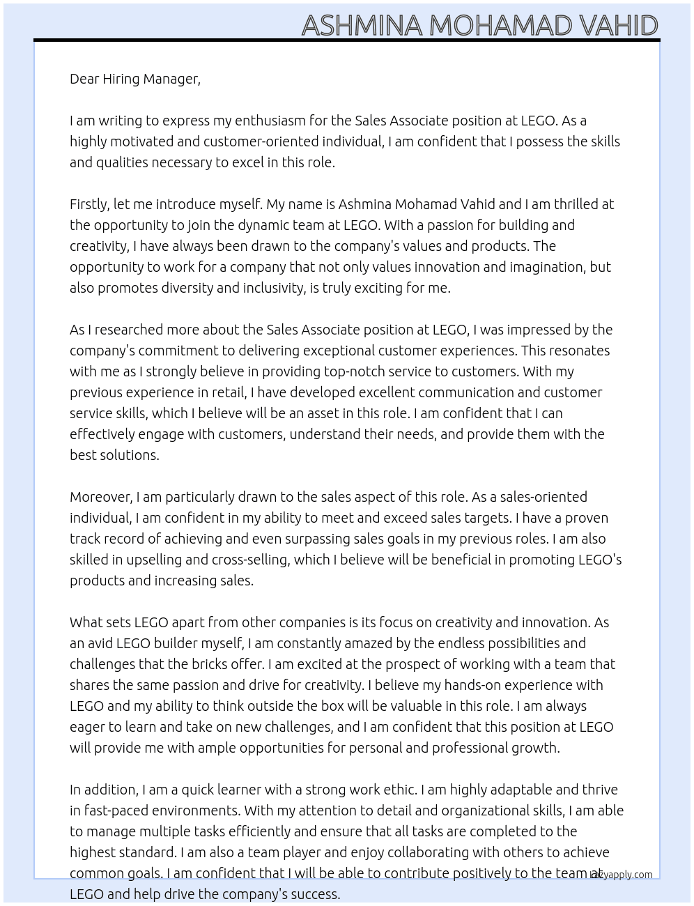 Sales Associate  At LEGO Cover Letter