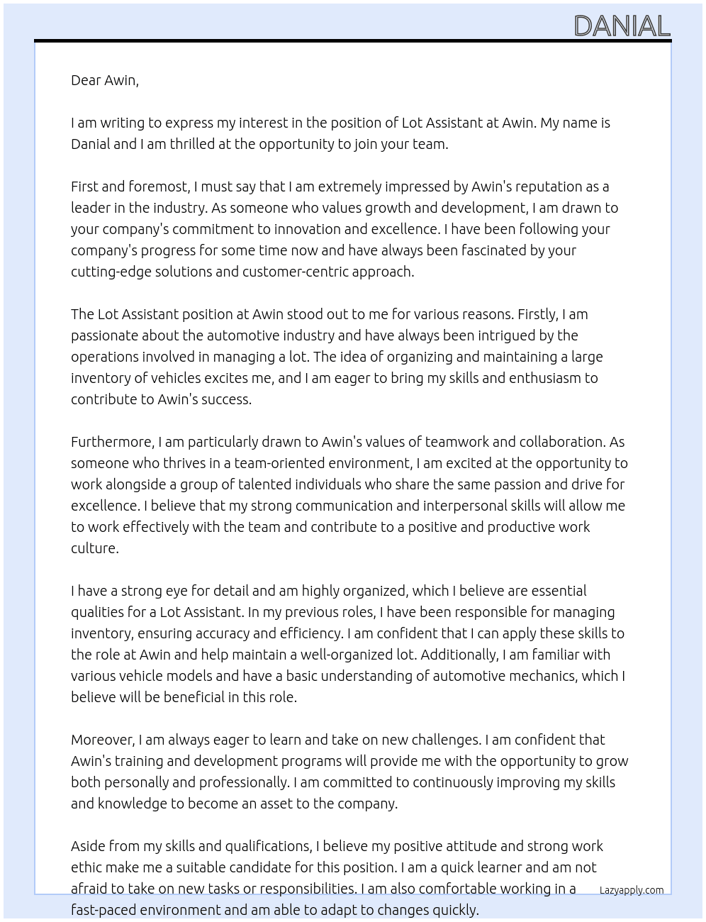 lot assistant  At AWIN Cover Letter