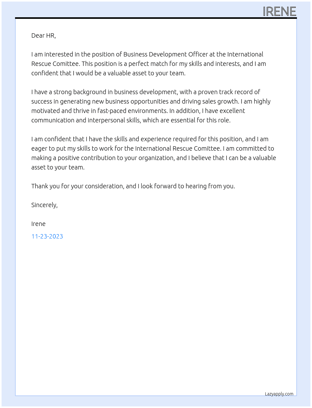 Business Development Officer At International Rescue Comittee Cover Letter