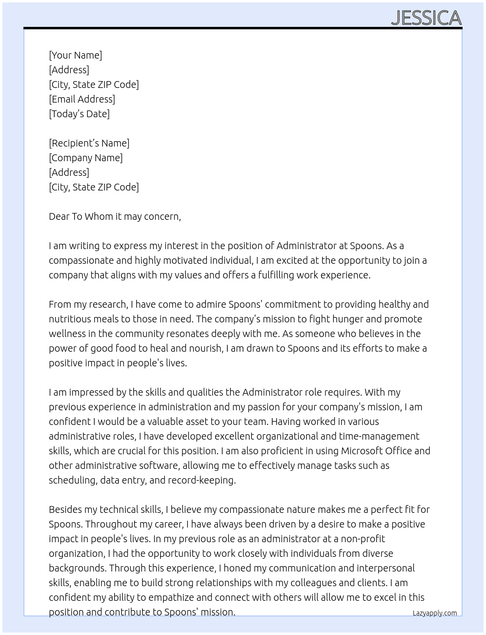 Administrator At Spoons Cover Letter