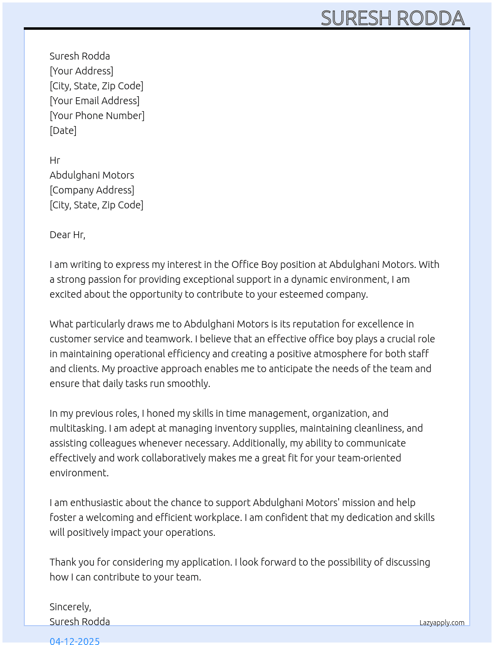 Office boy  At Abdulghani motors  Cover Letter