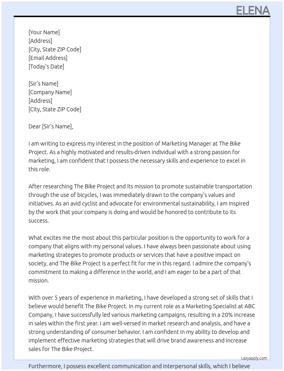 marketing manager At the bike project Cover Letter