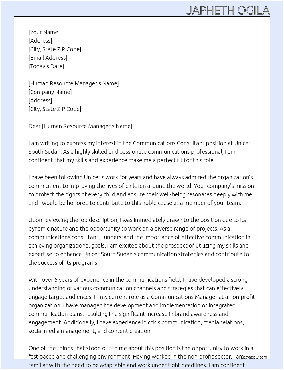 Communications Consultant At Unicef South Sudan Cover Letter