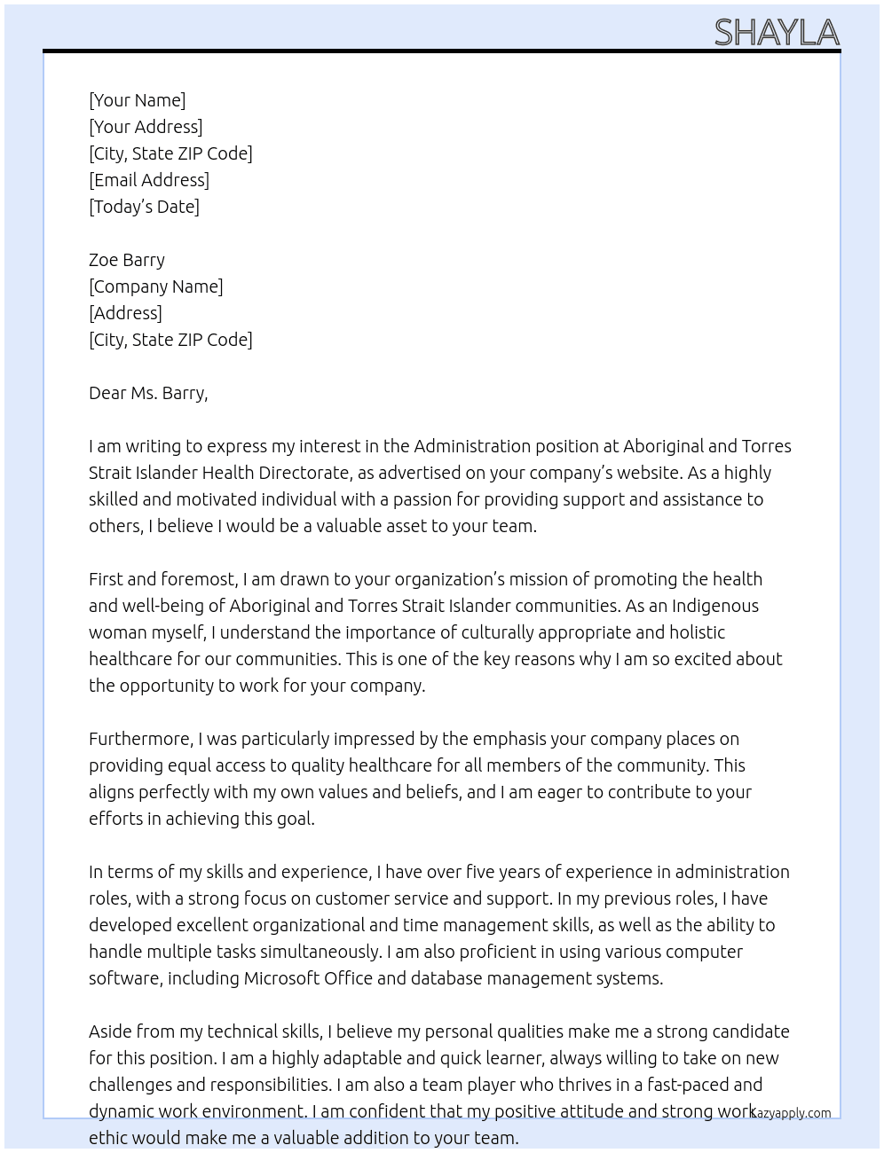 Cover letter for adiministration - LazyApply