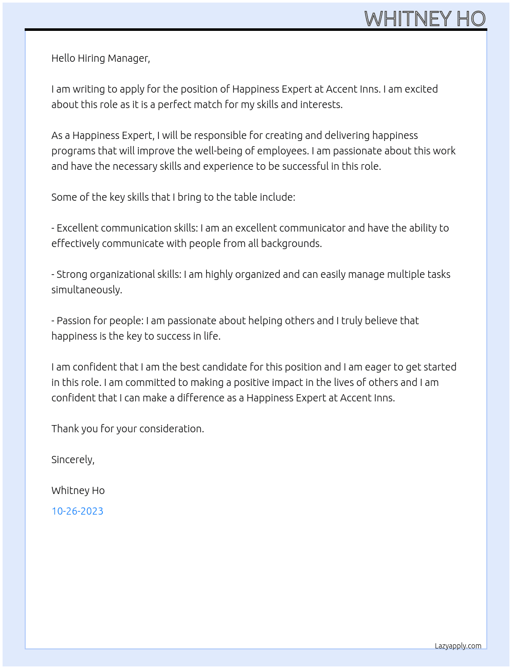Happiness Expert At Accent Inns Cover Letter