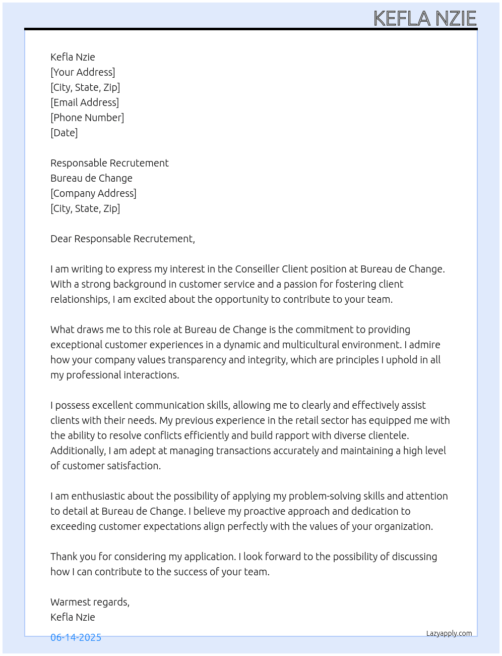 Conseiller client At Bureau de change Cover Letter