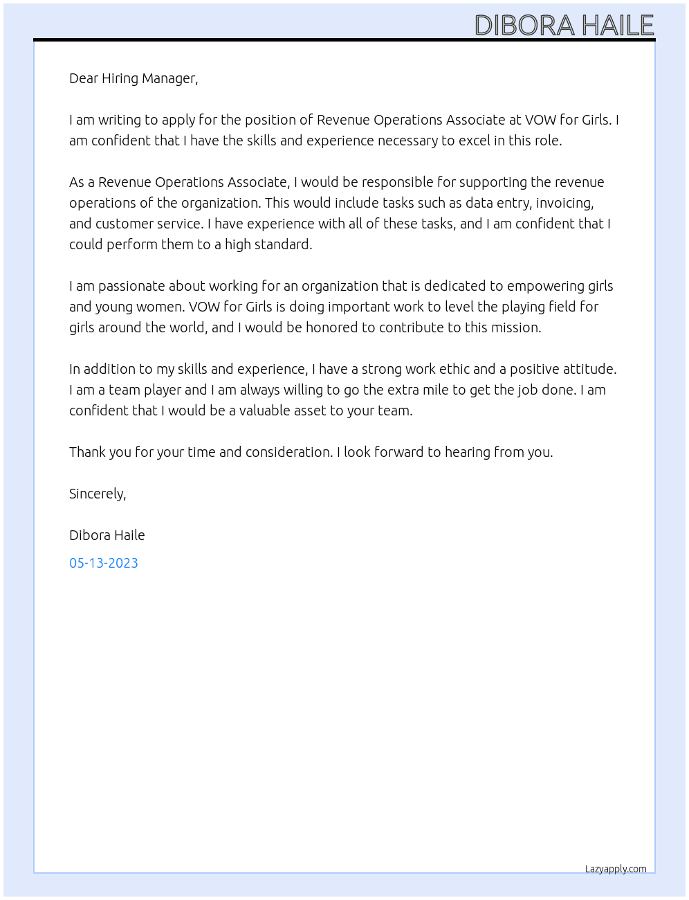 Revenue Operations Associate At VOW for Girls Cover Letter