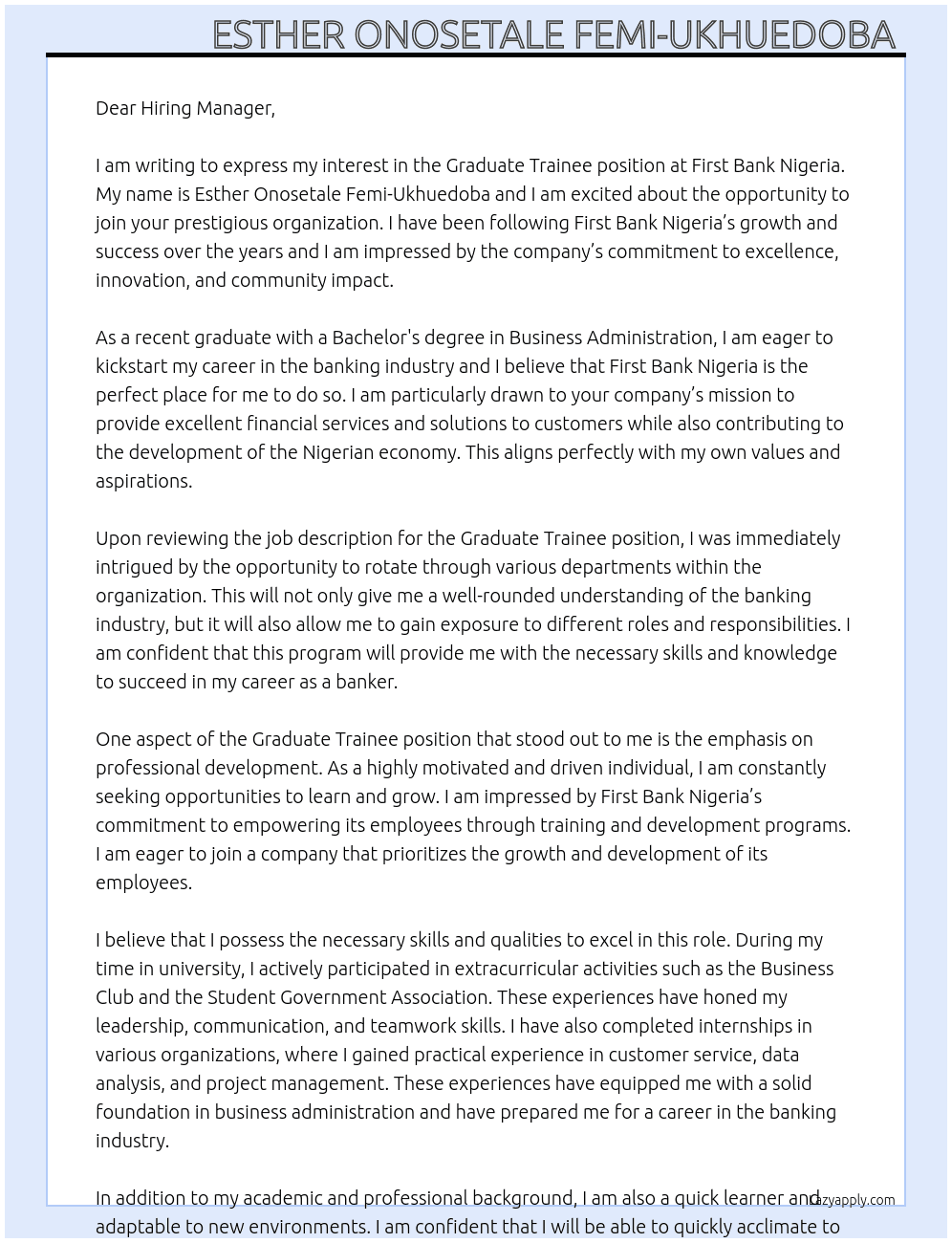 Graduate trainee At First Bank Nigeria Cover Letter
