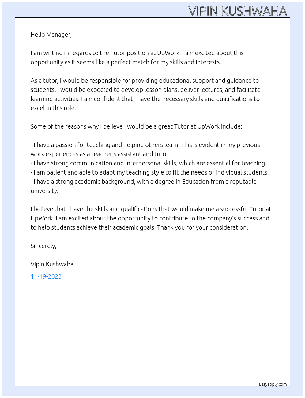 Tutor  At UpWork  Cover Letter
