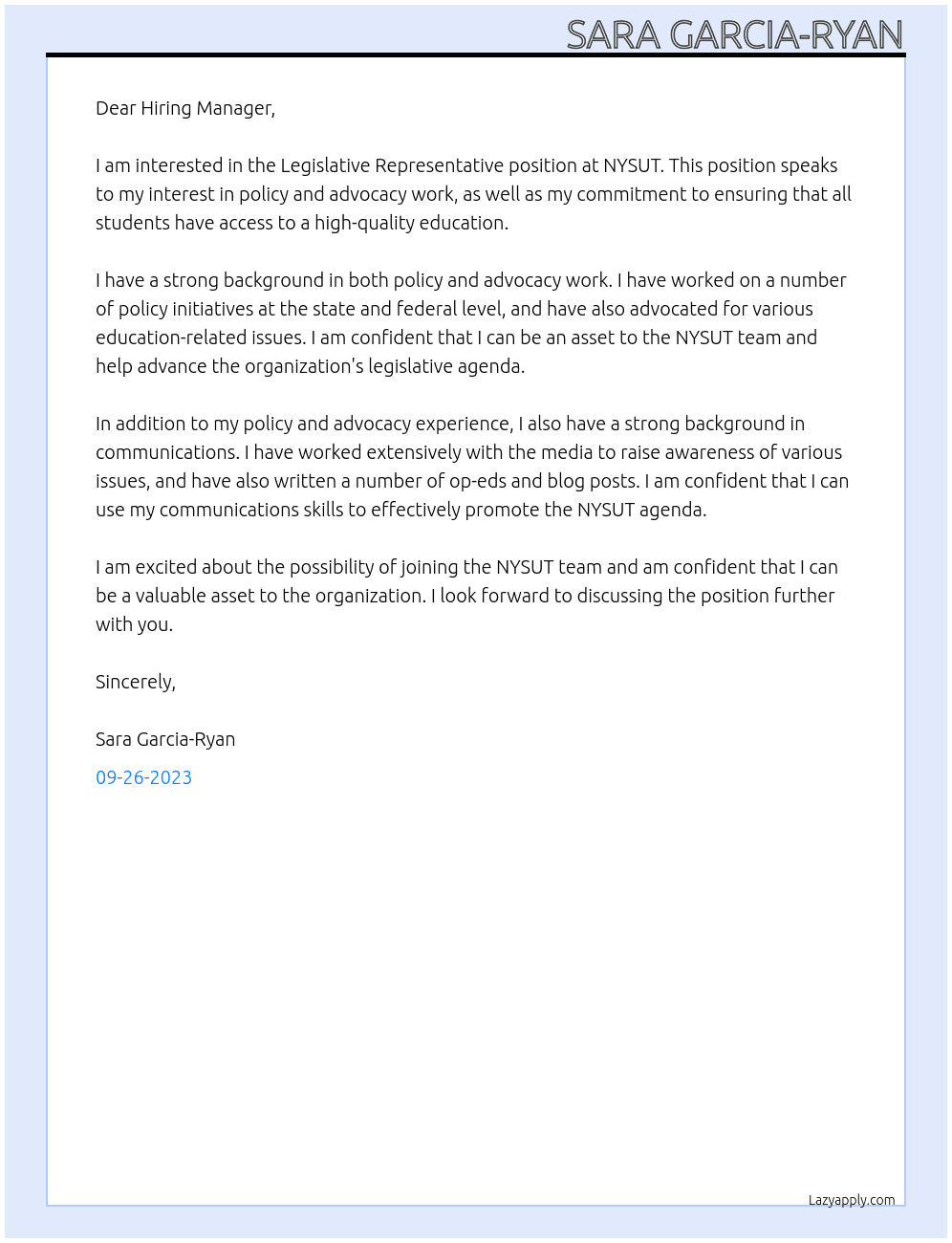 Legislative Representative  At NYSUT Cover Letter