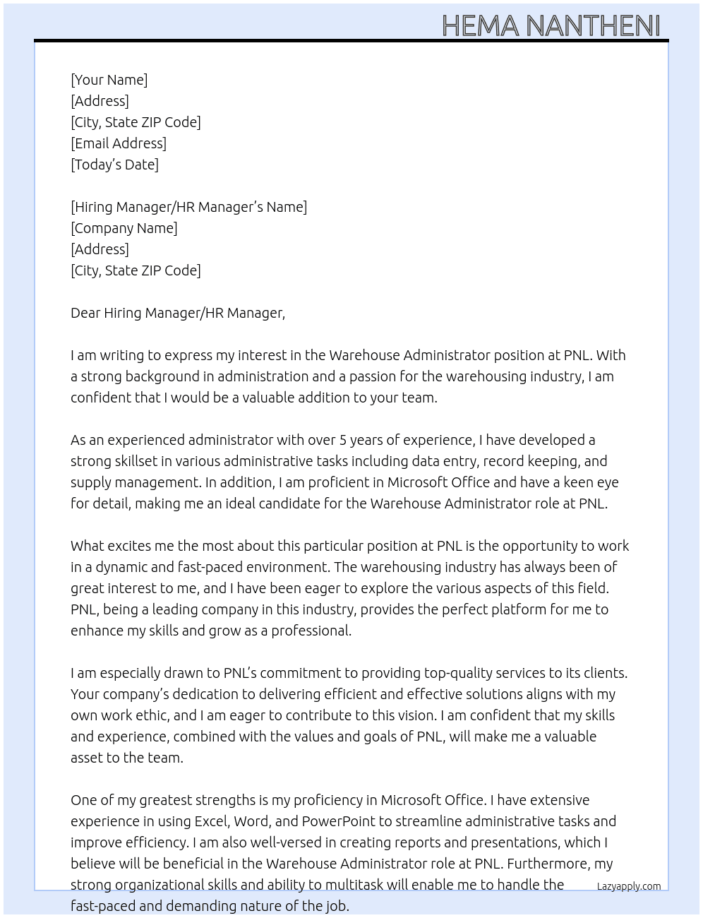 Warehouse Administrator  At PNL Cover Letter