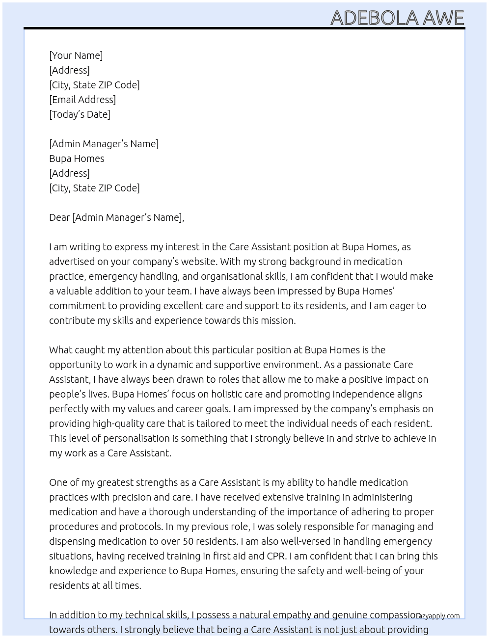 Care Assistant At Bupa Homes Cover Letter