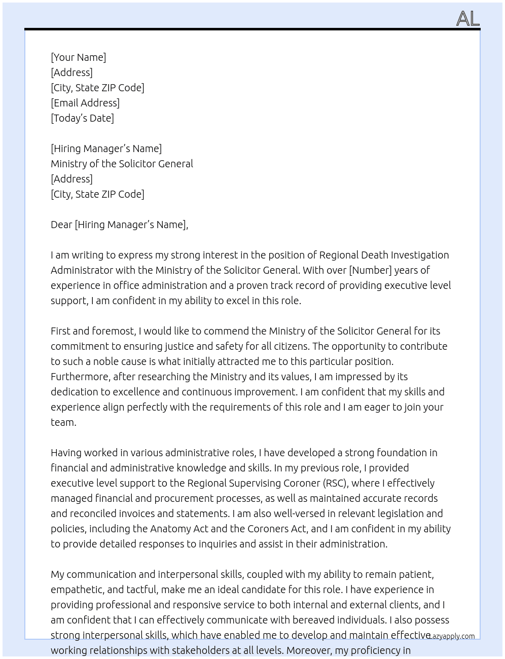Regional Death Investigation Administrator At Ministry of the Solicitor General Cover Letter