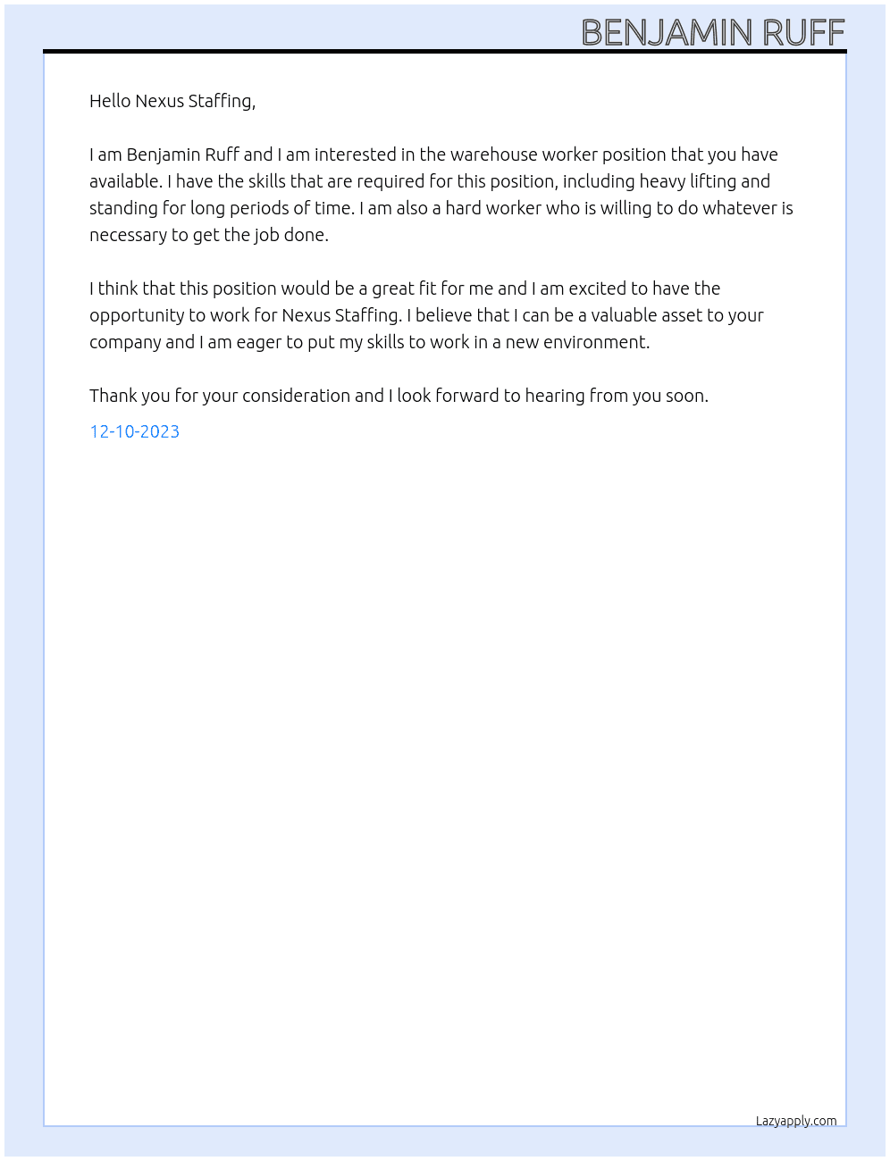 Warehouse Worker At Nexus Staffing Cover Letter