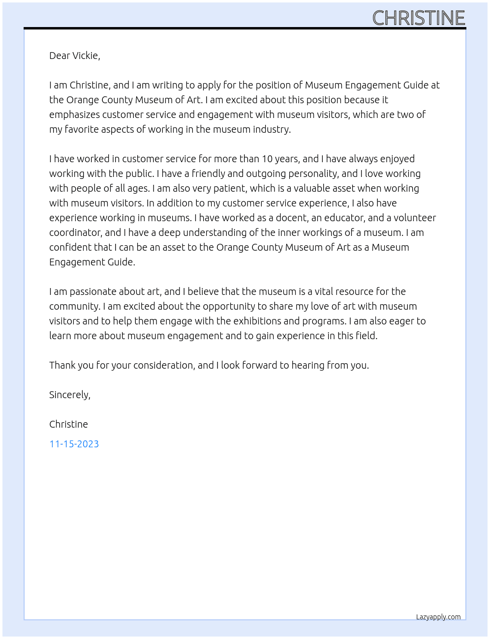 Museum Engagement Guide At Orange County Museum of Art Cover Letter