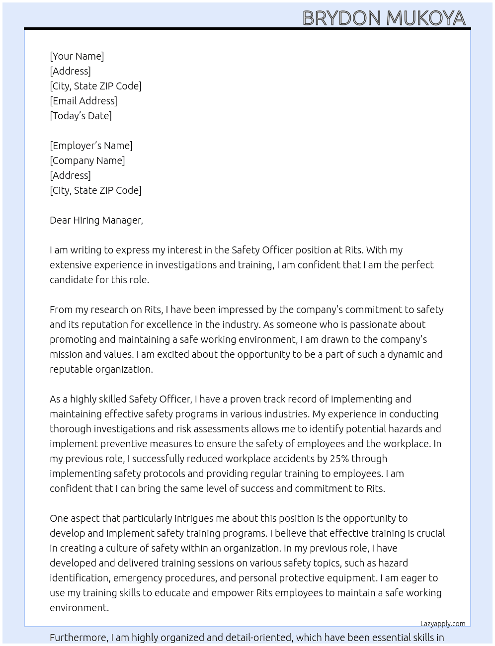 Safety officer  At Rits  Cover Letter