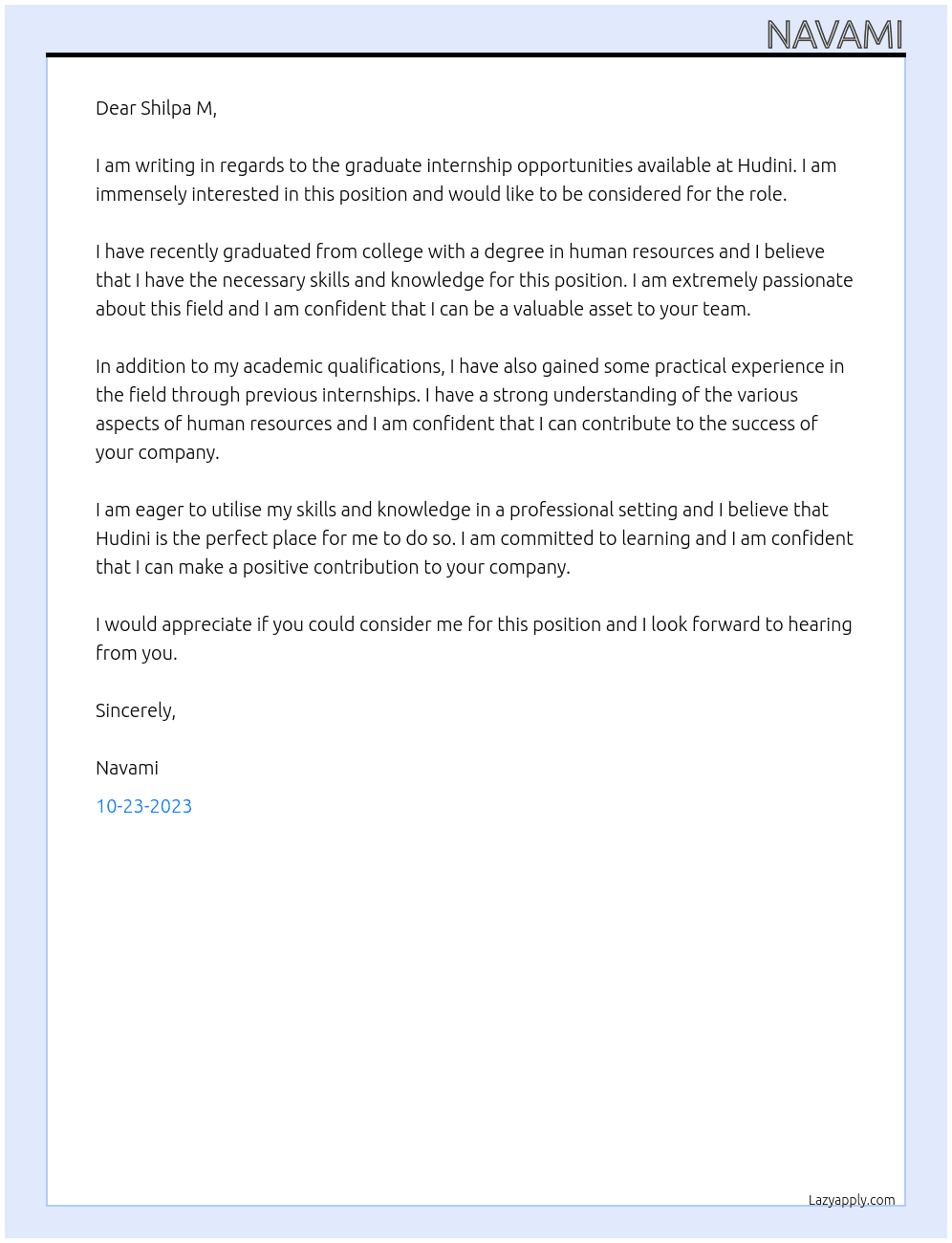 Graduate internship oppurtunities At Hudini Cover Letter