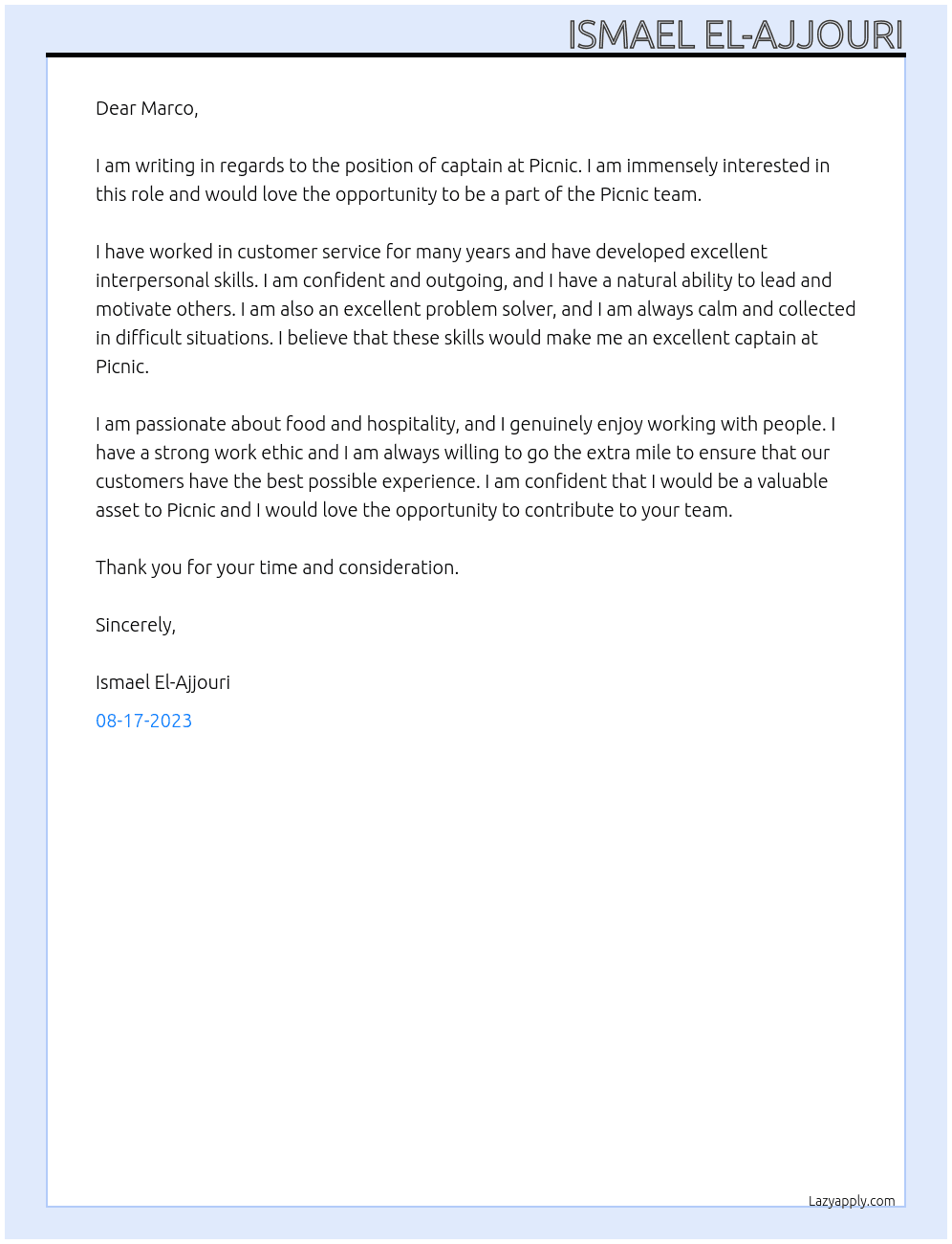 captain At picnic Cover Letter