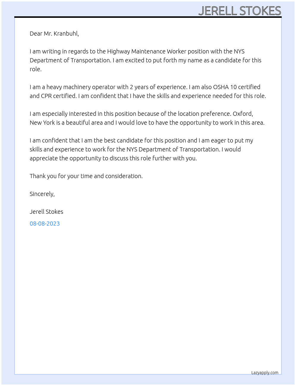 Highway maintenance worker At NYS Department of Transportation  Cover Letter