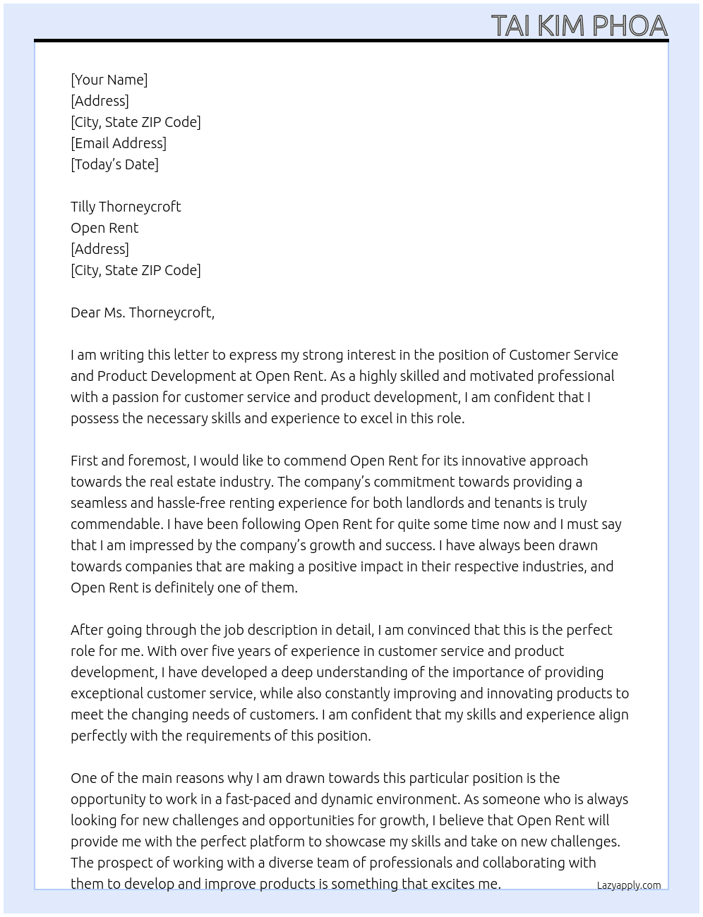 Customer Service and Product Development At Open Rent Cover Letter