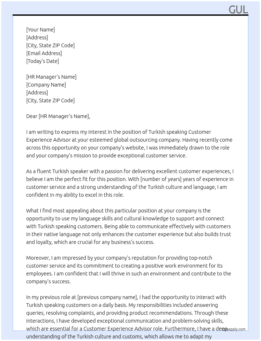 Turkish speaking Customer Experience Advisor At global outsourcing company Cover Letter