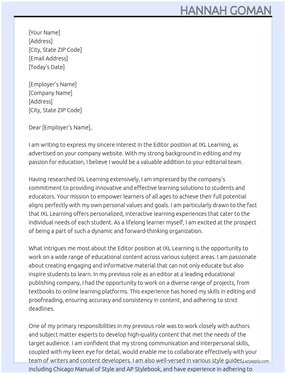 Editor At IXL Learning Cover Letter