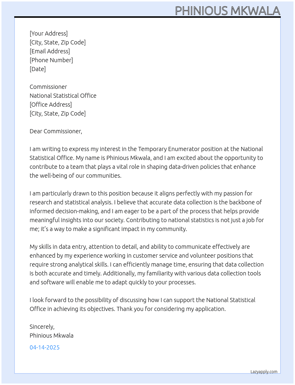 Cover letter for tempory enumerator - LazyApply