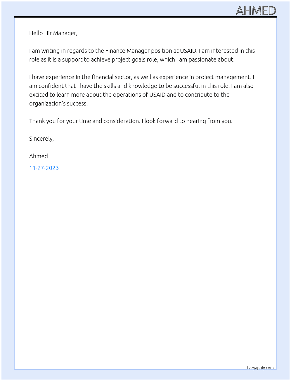 Finance Manager At usaid Cover Letter