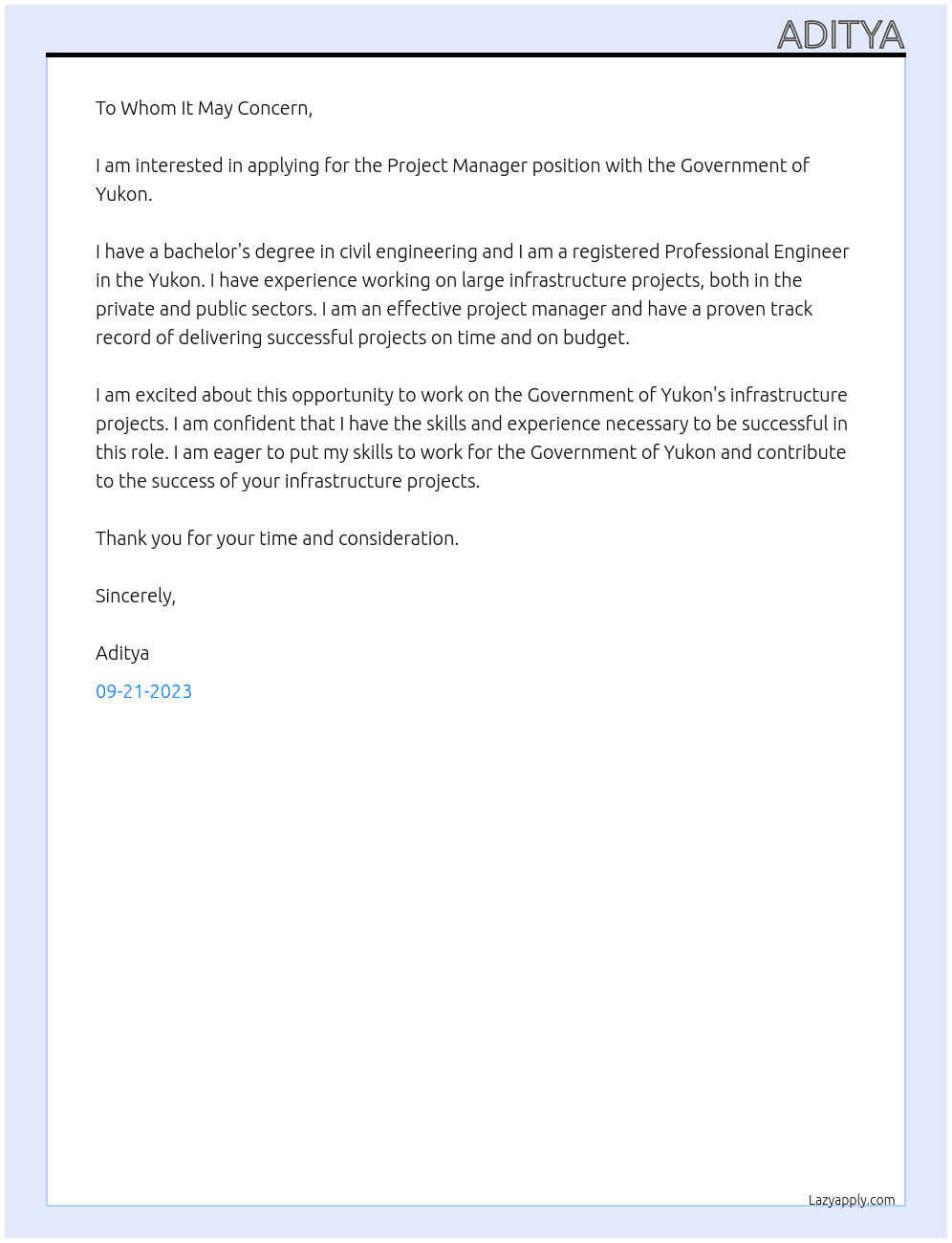 Project Manager At Government of Yukon Cover Letter