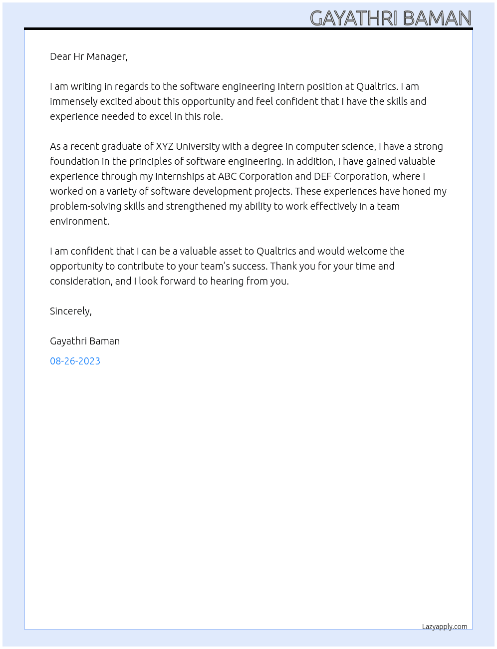 software engineering Intern At Qualtrics Cover Letter