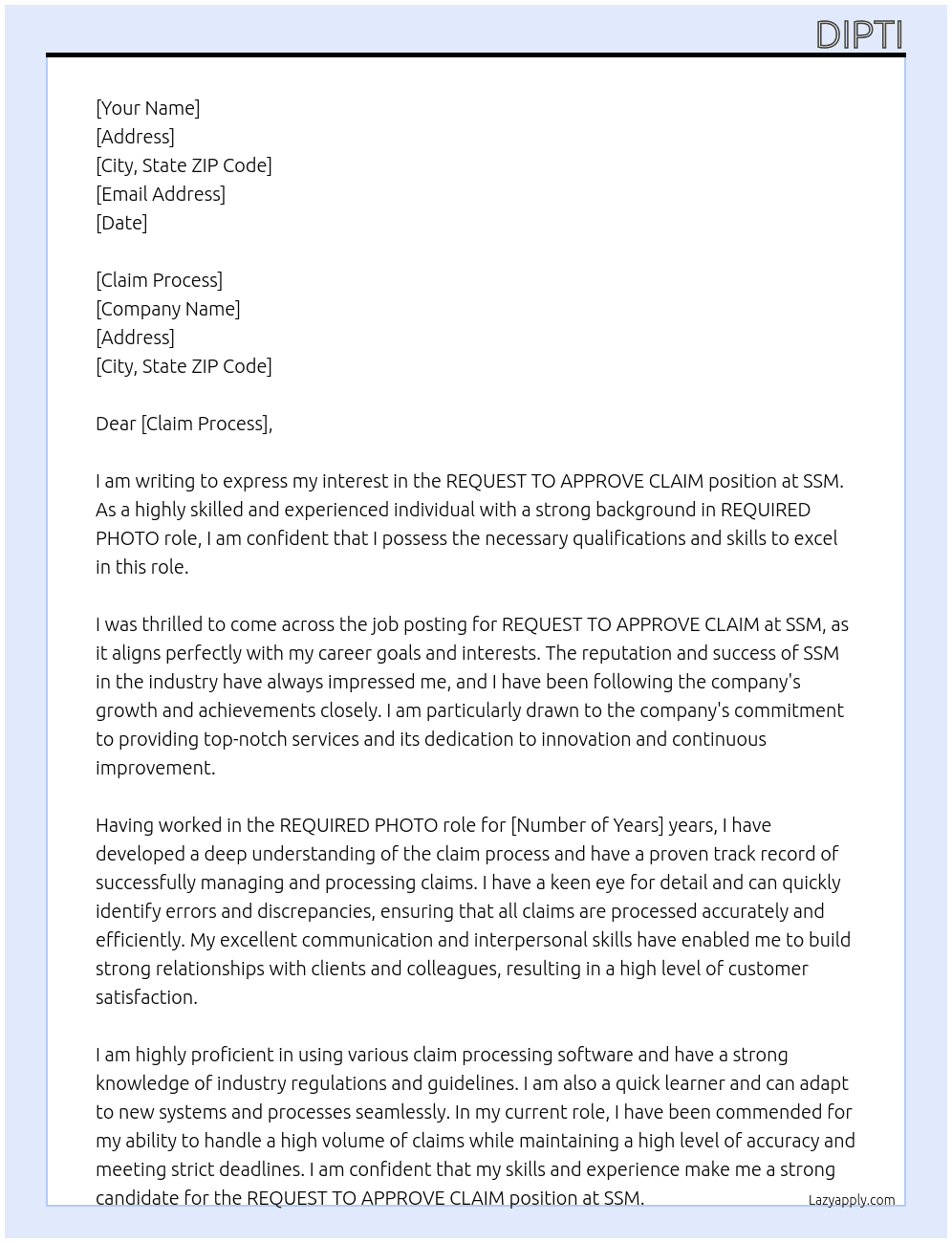 REQUEST TO APPROVE CLAIM At SSM Cover Letter