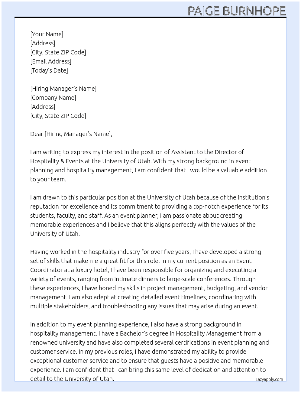 Assist Dr of Hospitality & Events At University of Utah  Cover Letter