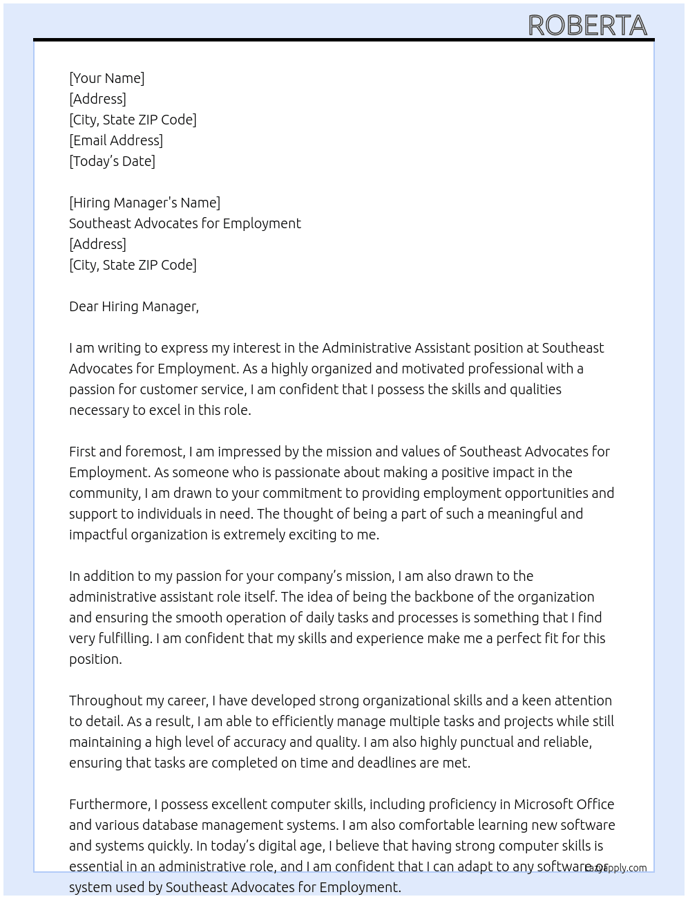 Administrative assistant At Southeast Advocates for employment Cover Letter
