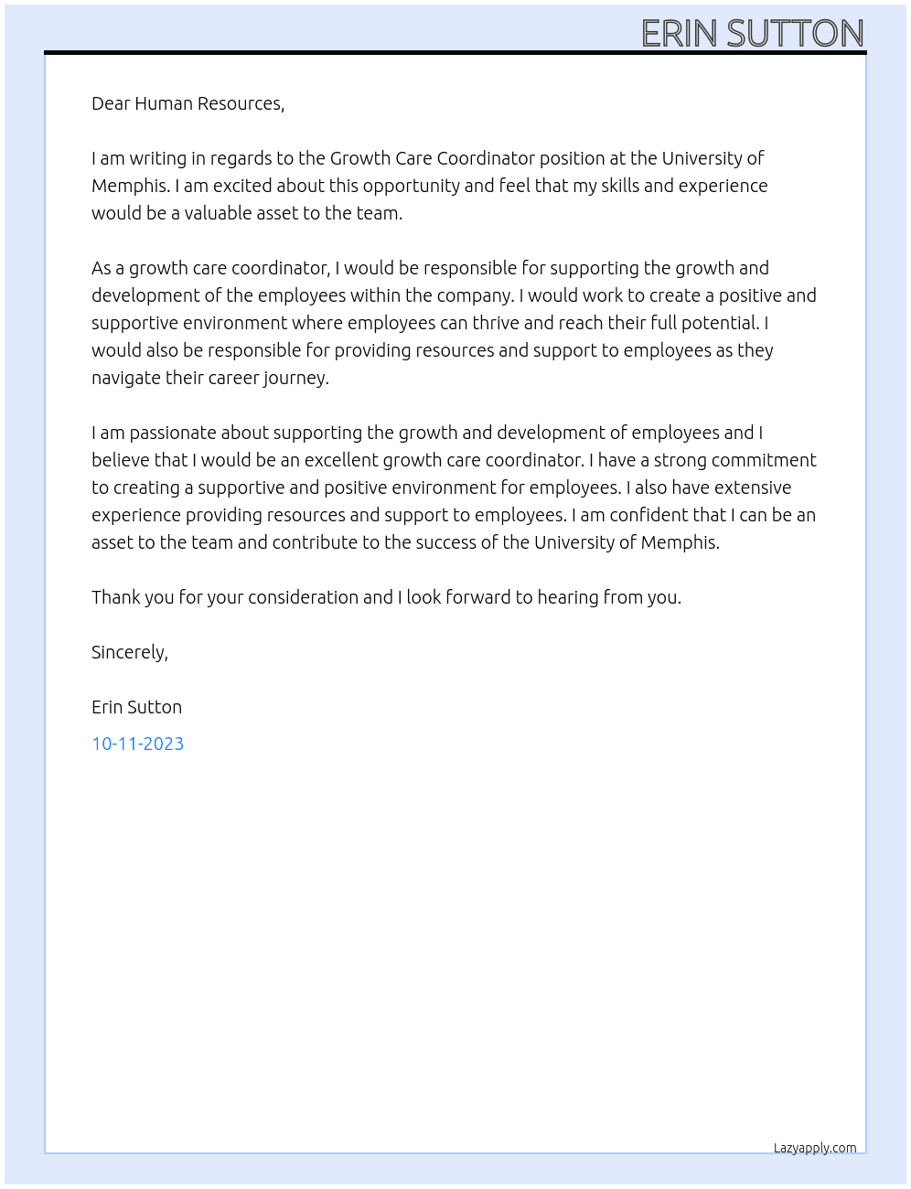 Growth Care Coordinator At University of Memphis Cover Letter